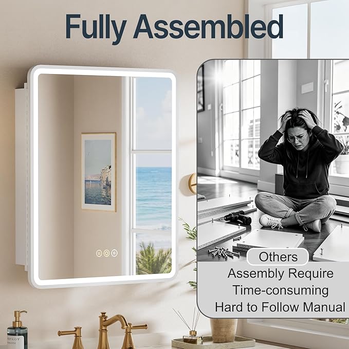 24x30 Inch Medicine Cabinet with Mirror, Recessed or Surface Mount Bathroom Medicine Cabinet with LED Lights, Anti-Fog, Memory Function, Adjustable Shelf, Dimmable Light, ETL Listed, White,Left Hinge