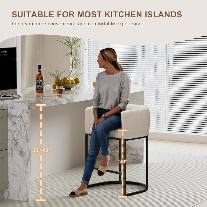 26" H Counter Height Bar Stools Set of 4, Modern Barrel Counter Stools with Backrest and Arms, Linen Fabric Upholstered Accent Barstools for Kitchen Island,Support 450 LBS (Beige)