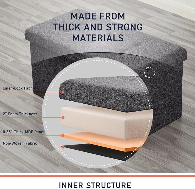 Ornavo Home Folding Storage Ottoman, 30 Inch Large Storage Bench with Lid, Foot Rest Stool for Bedroom, Living Room, Entryway, Tufted Linen Upholstered - Dark Gray