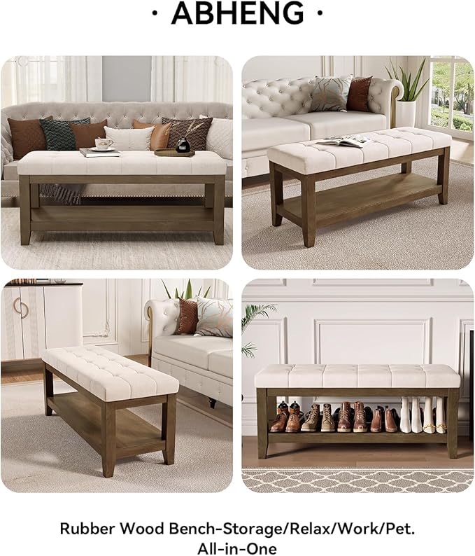 ABHENG Solid Rubber Wood Shoe Bench, Soft Chenille Material Upholstered Seat, 770LB Load Capacity, Multi-Storage for Entryway/Bedroom/Living Room, Vintage Style, 43.3"x15.7"x17.7", White,UASND65W