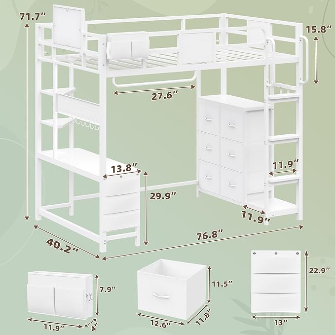 Dnxao Twin Size Loft Bed with Desk, Anti-Wobble Heavy Duty Metal Frame with DIY Pegboard & 6 Storage Drawers, LED Lights, Charging Station with Type-C, Space-Saving Workstation for Kids Teens, White