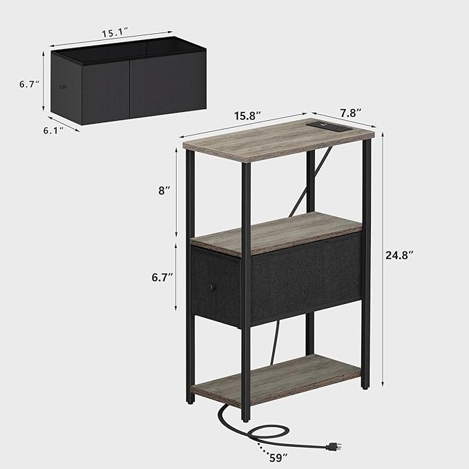 TUTOTAK Small Narrow LED End Table with Charging Station, Side Table Outlets, Nightstand with Cloth Drawer, Set of 2, Couch Table, for Living Room, Bedroom, Bedside, Greige TB01BG059