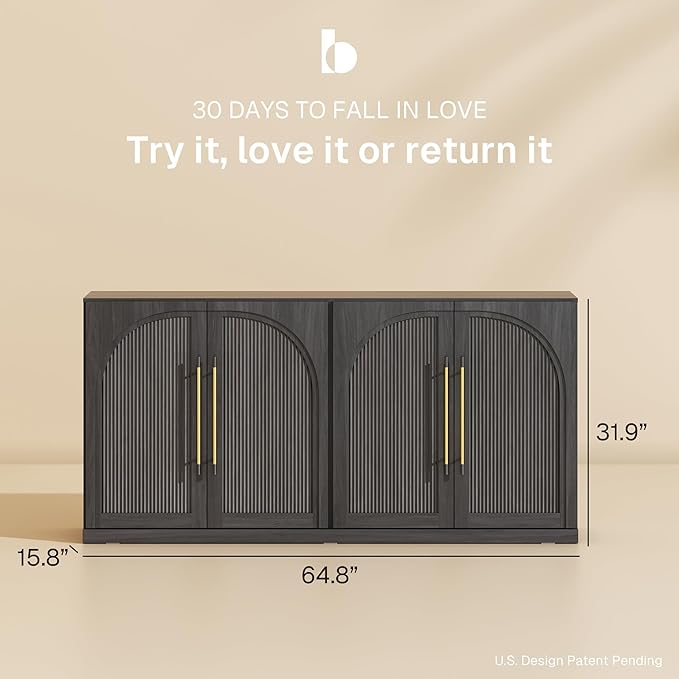 BELLEZE Set of 2 65" Sideboard Cabinet with Double-Arc Wood Doors, Large Buffet Cabinet with Storage and Adjustable Shelves, Classic Modern Console Table for Dining Room Living Room Entryway (Ebony)
