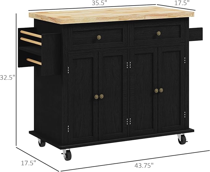 HOMCOM Kitchen Island Cart with Solid Wood Top, 44" Mobile Kitchen Island Table on Wheels with Storage Cabinets, 2 Drawers, Adjustable Shelves, Spice Rack & Towel Bar for Dining Room, Distressed Black