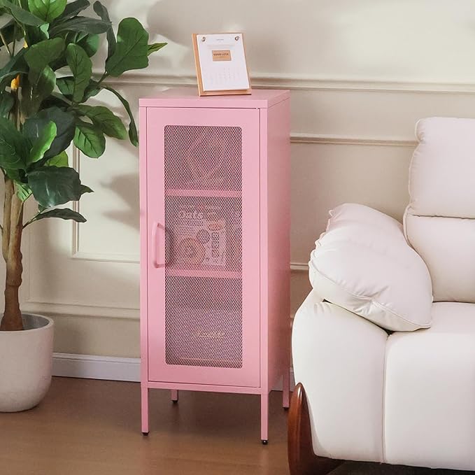 Slim Metal Storage Cabinet with Mesh Doors - 42'' Tall Narrow Organizer Tower, Compact Freestanding Cabinet, Versatile Utility Storage for Home, Office, Kitchen, Living Room, Durable and Modern Design