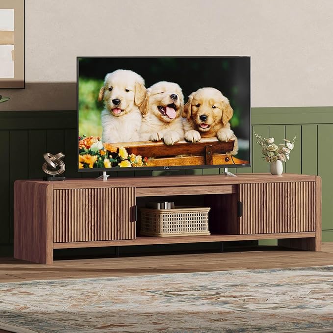 FATORRI TV Stand for 75/65/55 Inch TVs, Farmhouse Entertainment Center with Storage, Wood Waveform Fluted-Door Television Media Console for Living Room,Bedroom (63" W, Walnut)