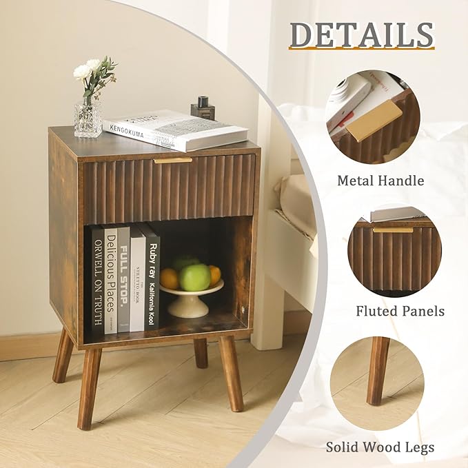 Fultyle Mid Century Modern Nightstand with Charging Station, Modern Bedside Table with Fluted Drawer and Storage Shelf, End Side Tables Living Room for Bedroom, Office (Rustic Brown)