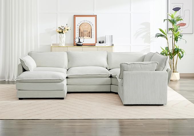 ROWHY 113'' Sectional Cloud Couch, 5 Seater Modular Corner L Shape Sofa Big Comfy Corduroy Oversized Couch with 2 Pillows Movable Ottoman, Deep Seat Sectional Couches for Living Room Office Light Grey | Pet-Friendly Fabric