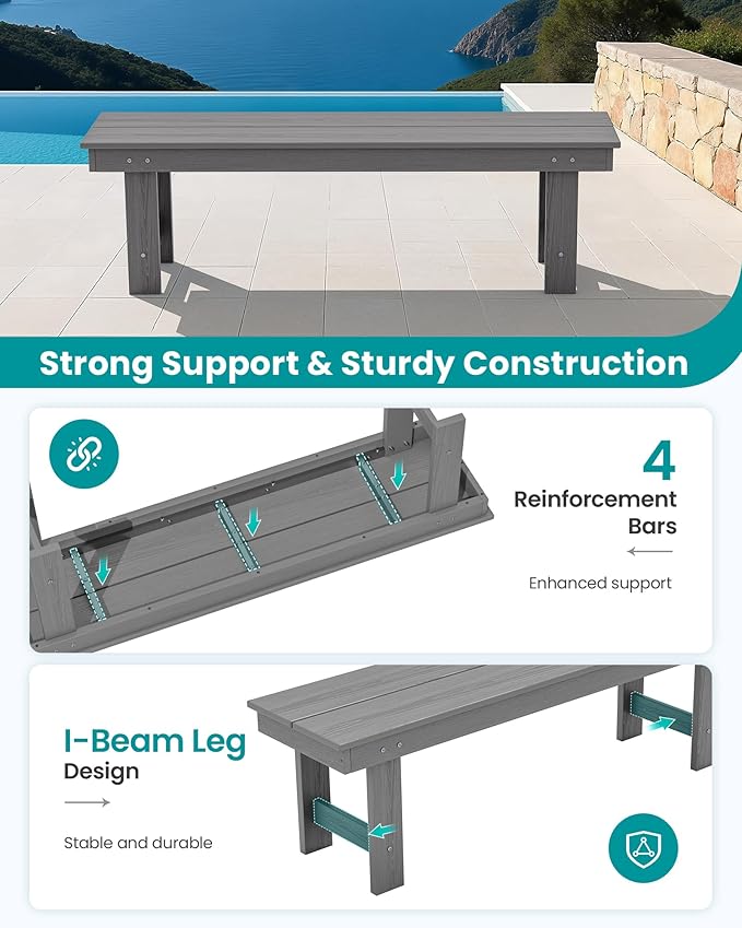 SERWALL 2-Person Outdoor Bench Backless, HDPE Outdoor Benches Weatherproof, 660 Lbs Weight Capacity, Poly Lumber Patio Furniture for Garden, Porch and Park, Grey, 2 Pack