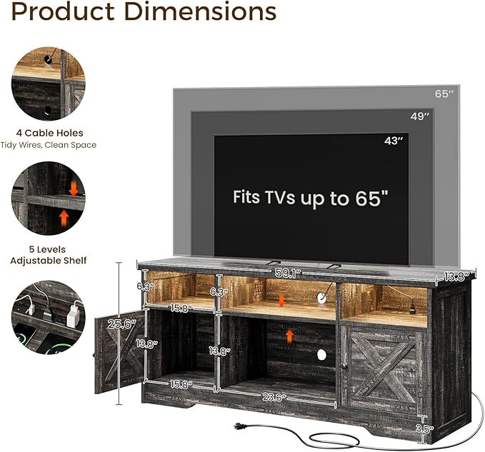 Casaottima TV Stand for 65 Inch TV, Farmhouse Entertainment Center with Power Outlet & LED Light and Storage Cabinets, Console Table and Media Furniture for Living Room Bedroom, Dark Oak