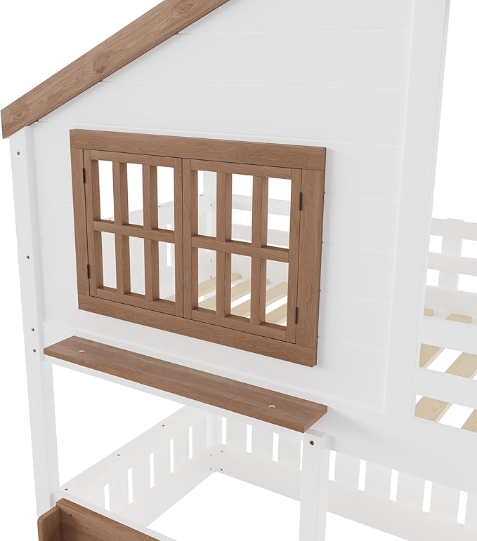 Twin Size House Bunk Bed Frame with Storage Bookshelf, Window, Wooden Floor Bunk Bed with Fences, Space Saving for Kids Adults, No Noise, Beige