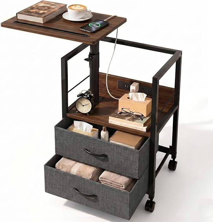 Faesun Swivel Lift Top Nightstand with Charging Station, Rolling Side Table for Recliner, Bedside Table with Wheels & 2 Fabric Drawers, for Small Spaces, for Bedroom, Living Room, Walnut Gray