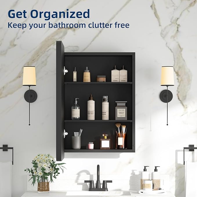 Bathroom Medicine Cabinet with Mirror 16 x 24 Inch, Black Medicine Cabinet Recessed or Surface Wall-Mounted, Mirrored Cabinets with 2 Adjustable Shelves for Bathroom Vanity