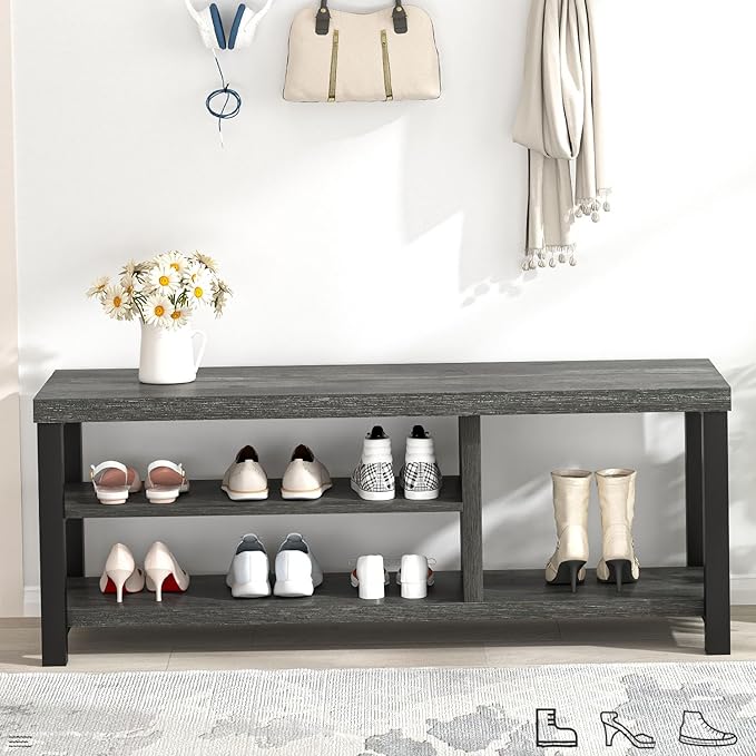 EXCEFUR Industrial Entryway Bench, Rustic Indoor Shoe Boot Storage Bench Seat for Living Room, Grey