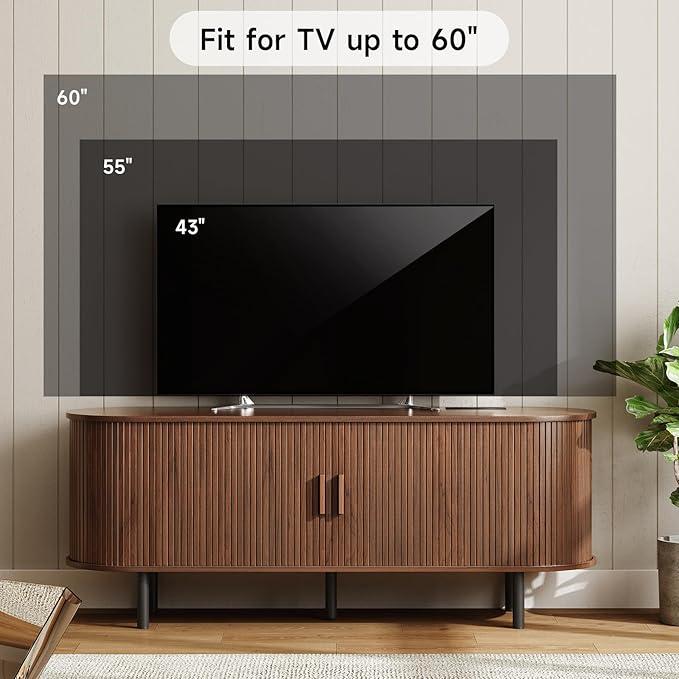 ONBRILL 55" TV Stand with Power Outlet for TVs up to 60 Inch, Entertainment Center with Storage and Adjustable Shelves, Modern Media Console with Sliding Doors for Living Room, Walnut