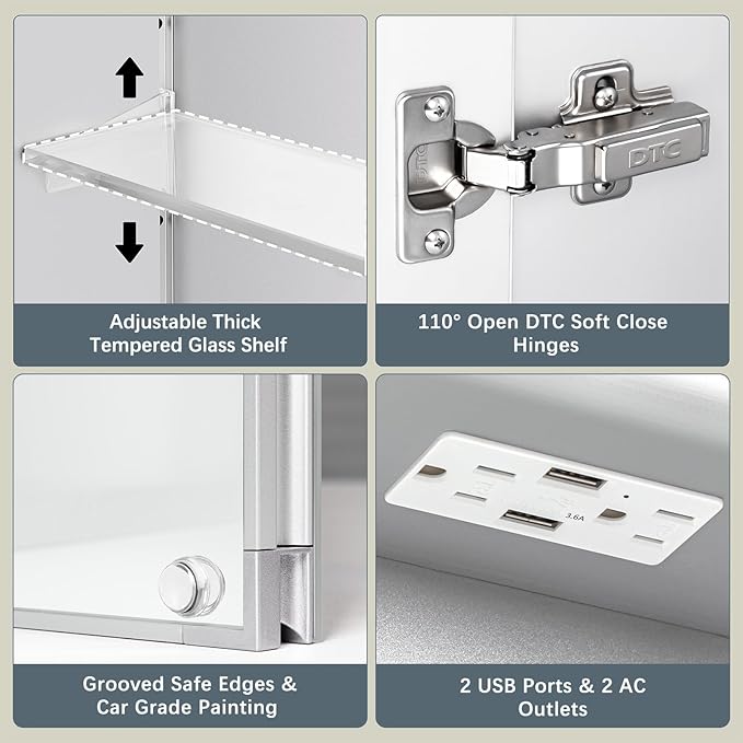 24x32 Inch Medicine Cabinet with Lights, AL Alloy Frame, Plug-in or Hardwired, Recessed or Wall Mount, 3 Colors/Dimmable/Interior Sensor Light/Defog,2 Outlets & USBs,3 Shelves (Right Hinge)