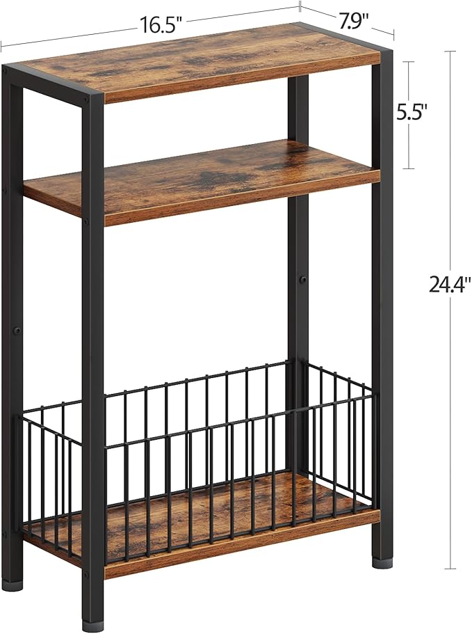 TRIFEBLE Narrow Side Table with Storage Basket, Small End Table for Small Spaces, Slim Sofa Table for Living Room, 3 Tier Bedside Table for Bedroom, Rustic Brown