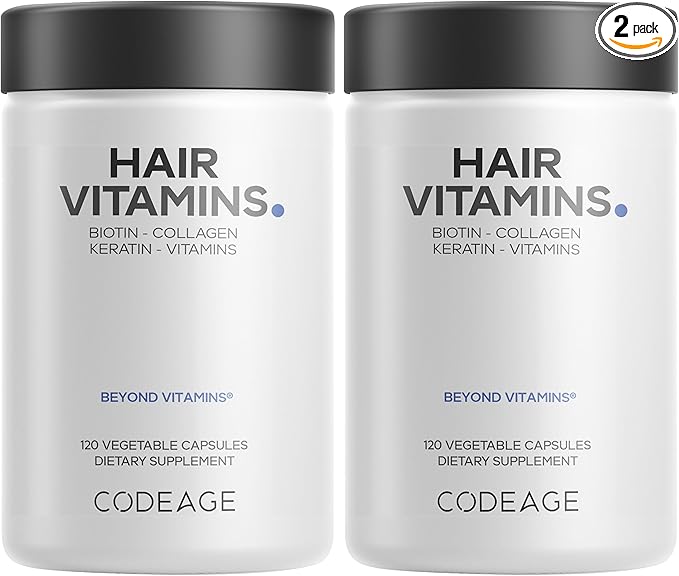 Codeage Hair Vitamins 10000 mcg Biotin, Keratin, Collagen, Vitamin A, B12, C, D3, E, Zinc, Turmeric, Probiotics, Enzymes, Inositol - Hair Care Support - Healthy Hair Supplement Pills - 2 Pack