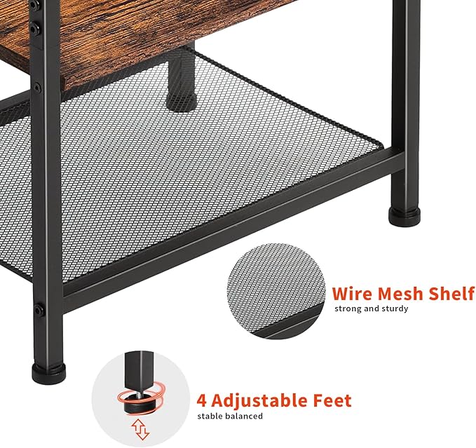 LAKEMID Nightstands Set of 2 with Charging Station and Drawer,Wood Bedside Table with 20 Colors LED Light for Bedroom Living Room (Rustic Brown)