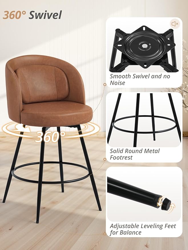 LUE BONA 26''H Swivel Bar Stools Set of 2, Counter Height Bar Stools with Backs, Lumbar Pillow and Black Metal Frames, Upholstered Modern Barstools for Kitchen Island, Faux Leather, Brown