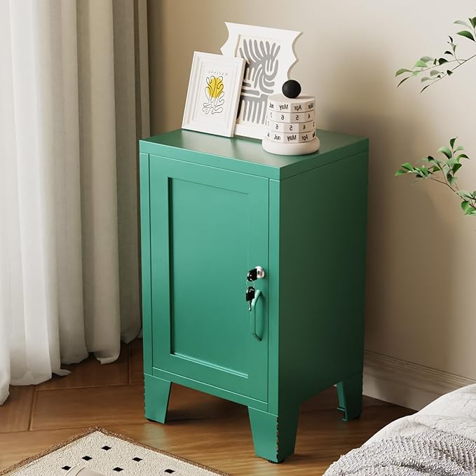 ALBAD Metal Nightstand with Lockable Cabinet, Compact Mini Locker Bedside Table for Kids & Adults, Modern Steel Side Table for Bedroom, Dorm, or Living Room (Green)