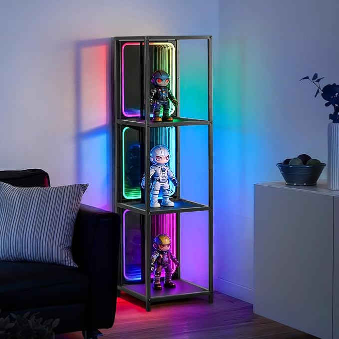 FUSLITE 3 Tier Storage Cabinet with LED Infinity Mirror Light, RGBW Display Cabinet with Adjustable Color Temp for Bedroom Office Gaming Room Decor,Action Figures, Collectibles, Black