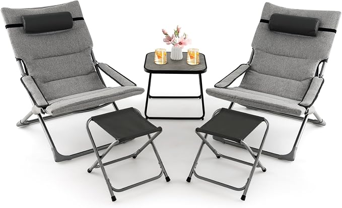 Giantex 5-Piece Patio Bistro Set, Folding Lounge Chairs with Footrest Stool & Side Table, Removable Cushion, Headrest, Armrest, Outdoor Conversation Furniture for Porch Balcony Yard Pool