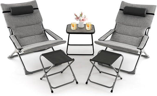 Giantex 5-Piece Patio Bistro Set, Folding Lounge Chairs with Footrest Stool & Side Table, Removable Cushion, Headrest, Armrest, Outdoor Conversation Furniture for Porch Balcony Yard Pool