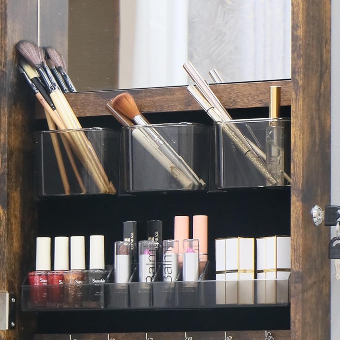 Full Length Mirror Jewelry Armoire Jewelry Cabinet - 2-in-1 Organizer for Makeup and Jewelry Lockable Storage Over The Door Mirror With Jewelry Storage- Rustic Brown
