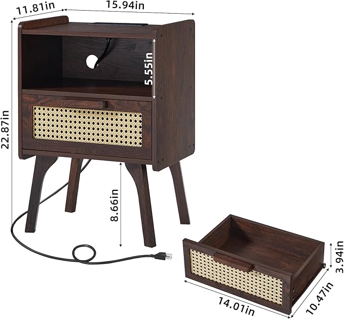 Lerliuo Rattan Nightstand with Charging Station, Walnut Bedside Table with Drawer Open Shelf, Cane Accent Side End Table with Solid Wood Legs, Night Stand for Bedroom, Dorm and Small Spaces