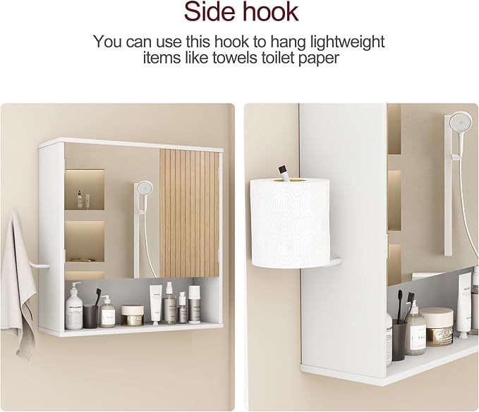 Bathroom Wall Cabinet With Mirror,wall mounted bathroom cabinet,Medicine Cabinet with 2 Door ,Side Hook,Light and Adjustable Shelves,White Cabinet with Wood Grain,Over The Toilet Space Saver Cabinet.