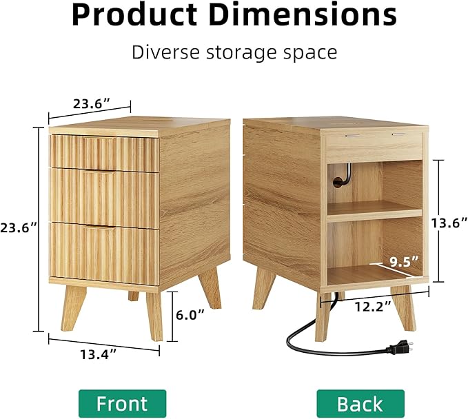 Kalrin Charging Nightstand with Hidden Outlets & 3 Drawers, Modern End Table, Bedside Table with USB Ports, Wave Groove Design, Compact Size, Heavy Duty Engineered Wood, Natural Wood Color