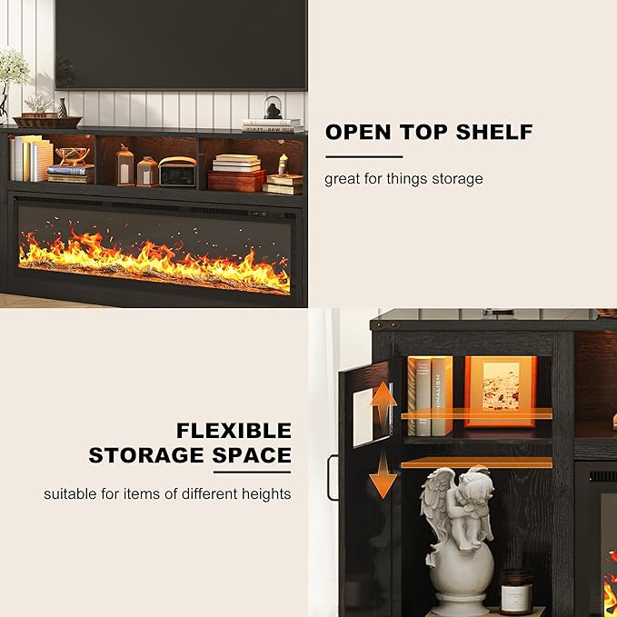 Fireplace TV Stand for 100 Inch TV, 95" Farmhouse Entertainment Center with 60" Electric Fireplace & LED Lights, Large Media Console for Living Room, Rustic Barn Doors, Power Outlets,Black