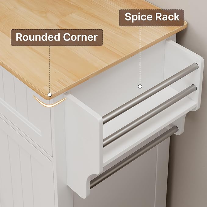 Gizoon Kitchen Island Cart with Adjustable Shelf, 33" W Mobile Trolley Cart on Metal Wheels with Drawer & Storage Cabinet, Spice Rack & Towel Rack, for Dining Room, Bar, White, Tabletop-Oak Color