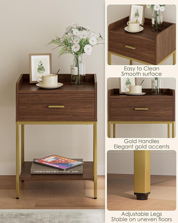 Masupu Nightstand, 3-Tier Modern Bedside Night Stand with Storage Drawer and Shelf, Small End Side Table for Bedroom, Living Room, Walnut