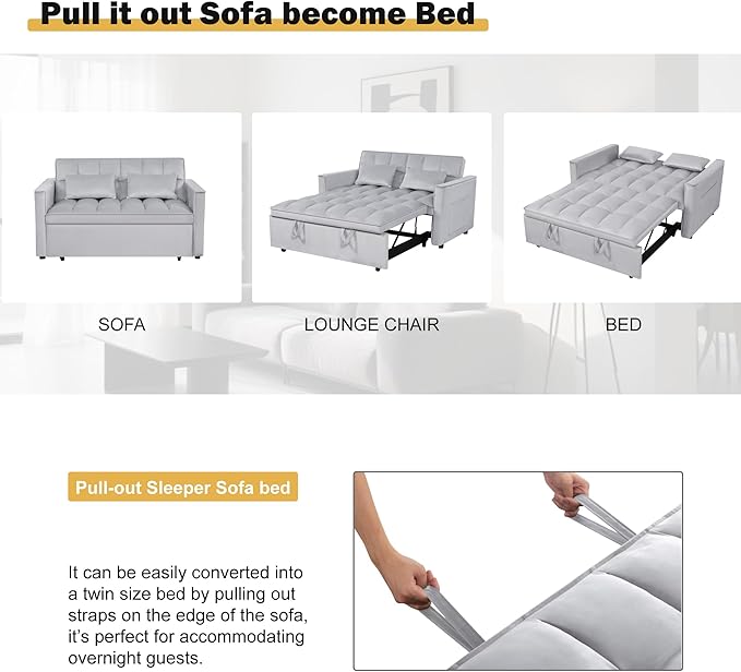 3 in 1 Convertible Sleeper Sofa Bed, Velvet Fabric Loveseat Sofa Bed with Adjustable Backrest & Large Side Pockets, Pull Out Couch for Small Spaces, Apartment, Living Room, Gray
