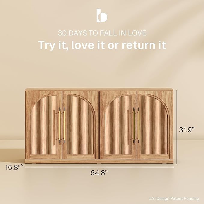 BELLEZE Set of 2 65" Sideboard Cabinet with Double-Arc Wood Doors, Large Buffet Cabinet with Storage and Adjustable Shelves, Classic Modern Console Table for Dining Room Living Room Entryway (Camel)