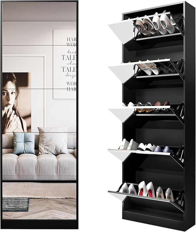 Black Shoe Cabinet with Full Length Mirror, 15-20 Pairs & 5 Flip Drawer, Freestanding Shoe Storage Organizer, Narrow Shoe Rack for Entryway