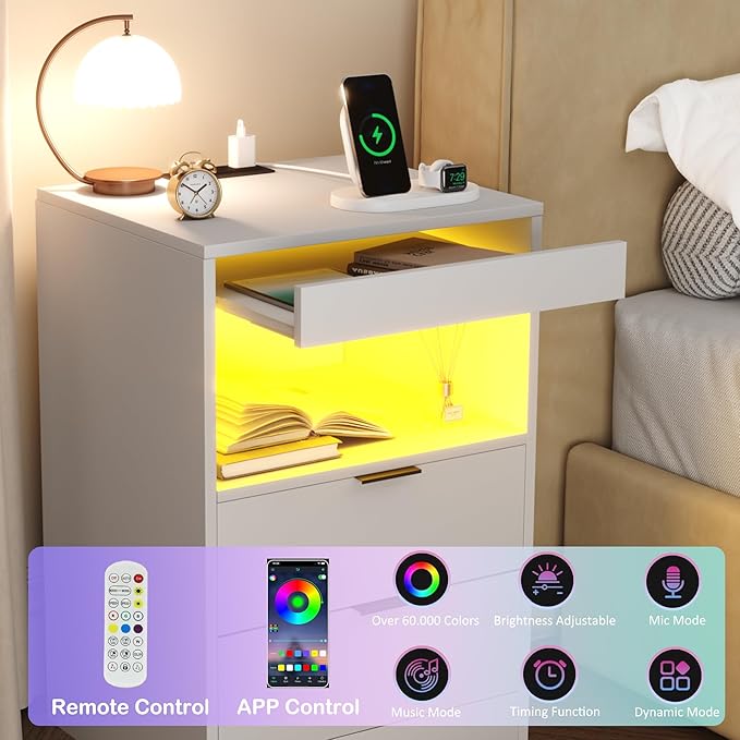 Gadroad LED Nightstand with Charging Station, Bedside Table with USB Ports & Power Outlets, Modern Night Stand with Drawers for Bedroom Small Spaces, White