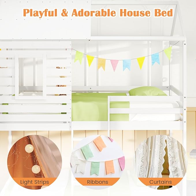 Giantex Wood Bunk Bed Twin Over Twin, House Bed Frame with Ladder and Guardrail, Floor Bunk Bed with Wood Slats for Kids, Girls, Boys, Dormitory and Bedroom, No Box Spring Needed, White