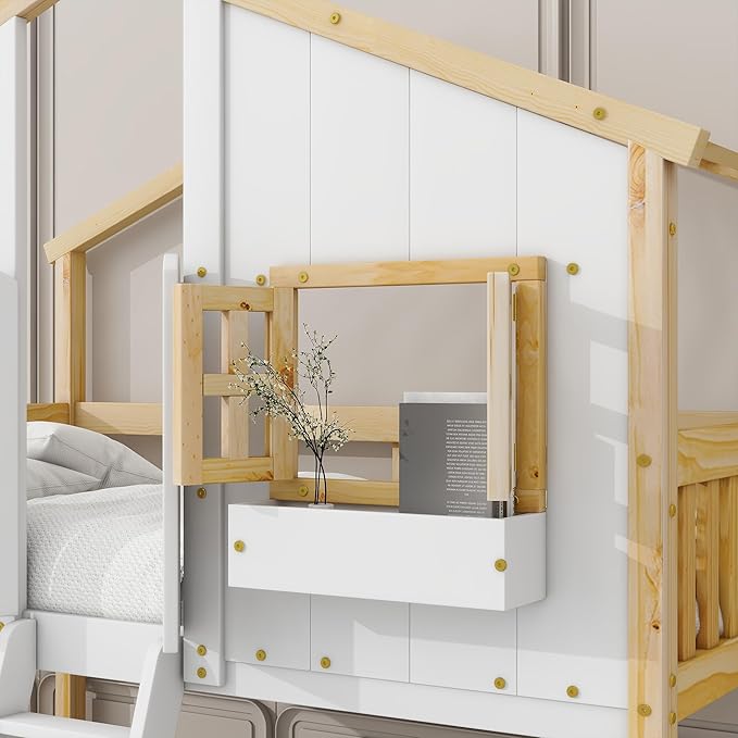 Wooden Twin Over Twin Floor Bunk House Bed with Door and Window Built-in Storage Box, Low Loft Bunk Bed for Kids Girls Boys Adults, No Box Spring Needed, Natural/White