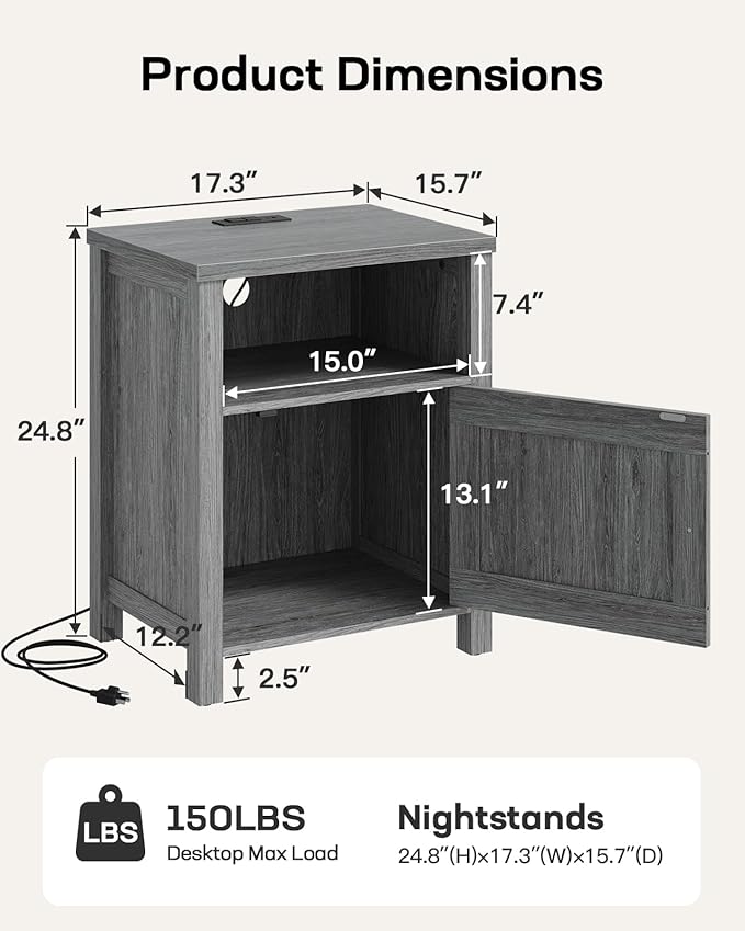 Marsail Farmhouse Nightstand, Wood Bedside Table with Charging Station, Night Stand with Shelf and Doors, End Table with Storage Side Table for Bedroom, Dark Grey (1 Pack)