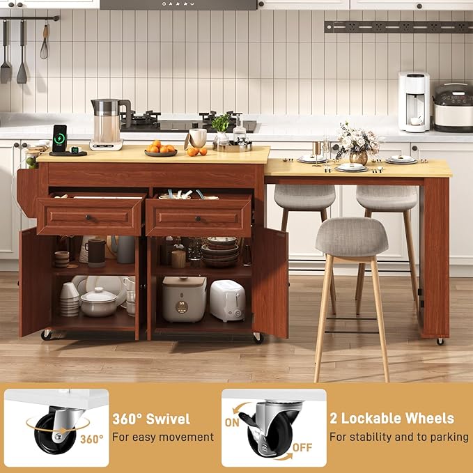80"-48" Extendable Kitchen Island with Extended Dining Table and Power Outlet,Large Mobile Kitchen Storage Islands with 2 Storage Drawers,Rolling Islands Cart with 3 Extra Rows Open Shelves(Brown)