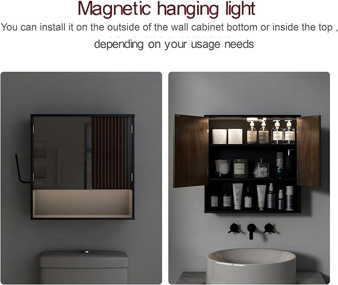 Bathroom Wall Cabinet With Mirror,wall mounted bathroom cabinet,Medicine Cabinet with 2 Door ,Side Hook,Light and Adjustable Shelves,Black Cabinet with Wood Grain,Over The Toilet Space Saver Cabinet.