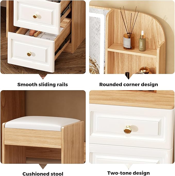 Arulvmrn 43" Makeup Vanity Desk with Mirror and Lights, & Power Outl, Glass Top Big Vanity Table with 9 Drawers& 8 Storage Shelves, Dressing Table Set with Chair for Bedroom, Oak