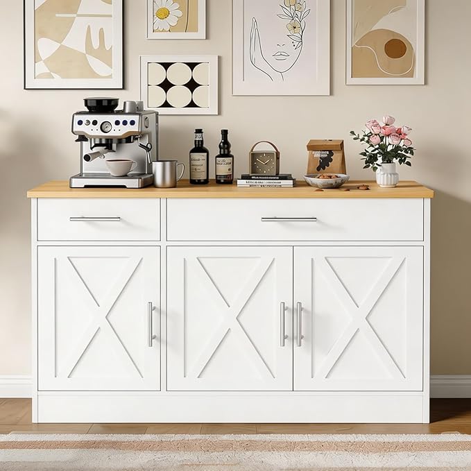 Vongrasig Buffet Cabinet with Storage, 43” Farmhouse Coffee Bar Cabinet with 3 Doors, Wood Buffet Table for Kitchen Dining Room Living Room, Off White