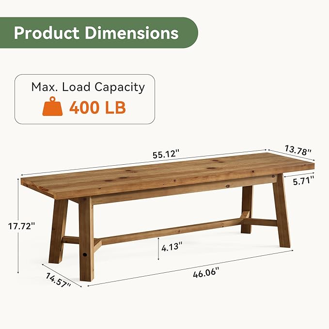 55" Solid Wood Bench, Farmhouse Long Bench Seat for Entryway, Dining Room, Living Room, Solid Wood, Rustic Brown