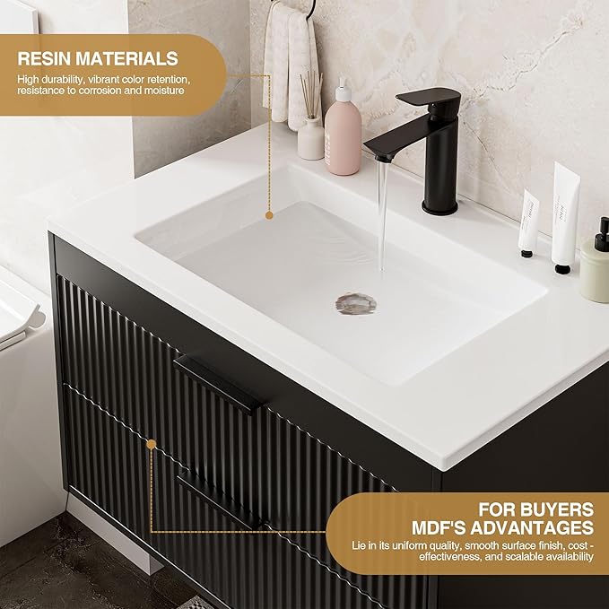 30 Inches Modern MDF Bathroom Vanity with Sink, Wall Mounted Floating Cabinets w/Double Drawers, Black Handles, White Resin Sink Combo Set (Black, 30")