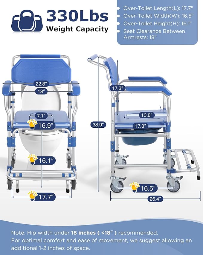 Bedside Commode Wheelchair with Drop Arms & Lockable Casters, Waterproof Aluminum Shower Chair, 330lbs Capacity Portable Toilets, Anti-Tilt Foldable Footrest, Sponge Padded Seat, for Elderly&Mobility