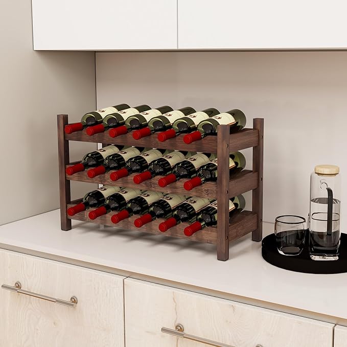 COSTWAY 3-Tier Bamboo Wine Rack, 18-Bottle Tabletop Wine Holder with Wave Slot, Freestanding Countertop Wine Bottle Organizer for Kitchen, Pantry, Pub & Wine Cellar, Brown (24.5L x 9.5W x 15H)
